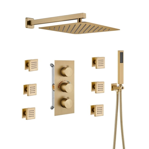 CASAINC 3 Functions Wall Mounted Thermostatic Shower System with 6 Body Jets and Rough-in Valve in Brushed Gold
