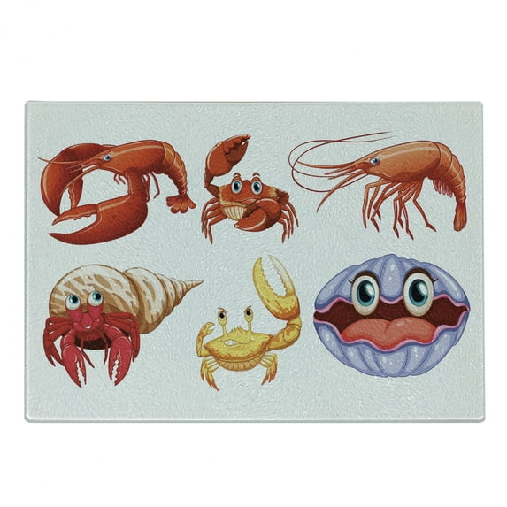 Crabs Cutting Board, Illustration of Sea Animals Like Crab Hermit Crab Lobster Shells Shrimp Print, Decorative Tempered Glass Cutting and Serving Board, Small Size, Orange Yellow, by Ambesonne