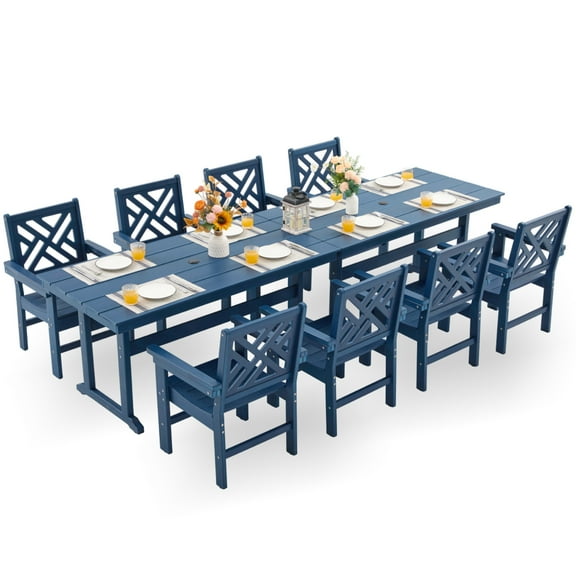 10-Piece HDPE Outdoor Dining Set with two 62.5" Slatted Table and 8 Ergonomic Armchairs, Weather-Resistant Patio Furniture with Umbrella Hole, Blue