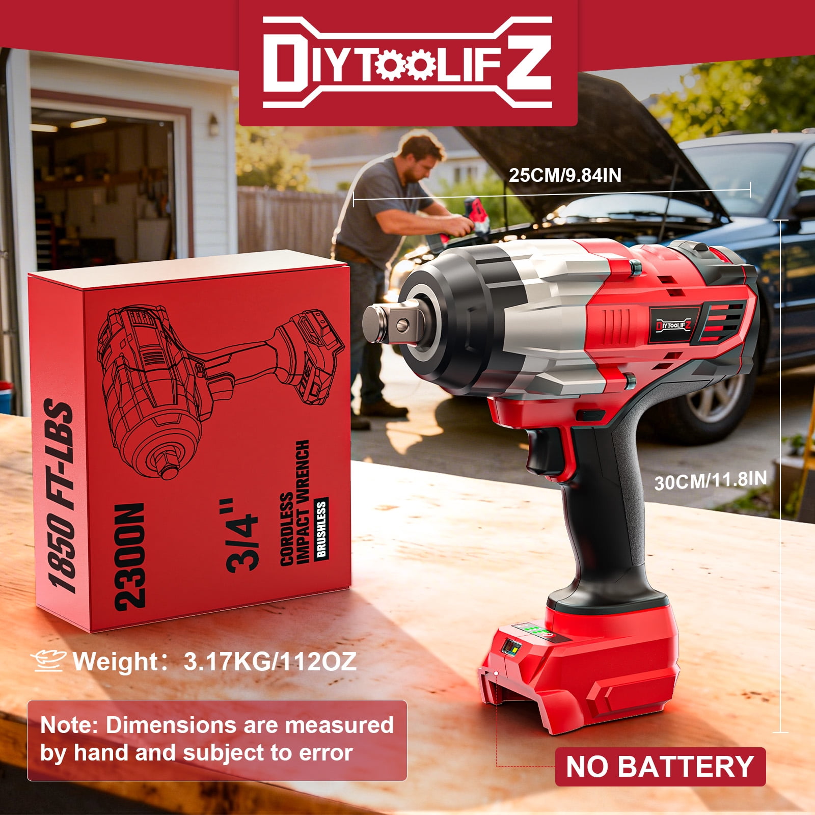 3/4" Heavy Cordless Impact Wrench Suitable for 18V Battery, 1850FT-LBS Torque & 3-Speed Motor with Auto-Stop Reverse, Compatible for Car Truck Home Mower Driver, Battery- Gift for Men (No Battery）