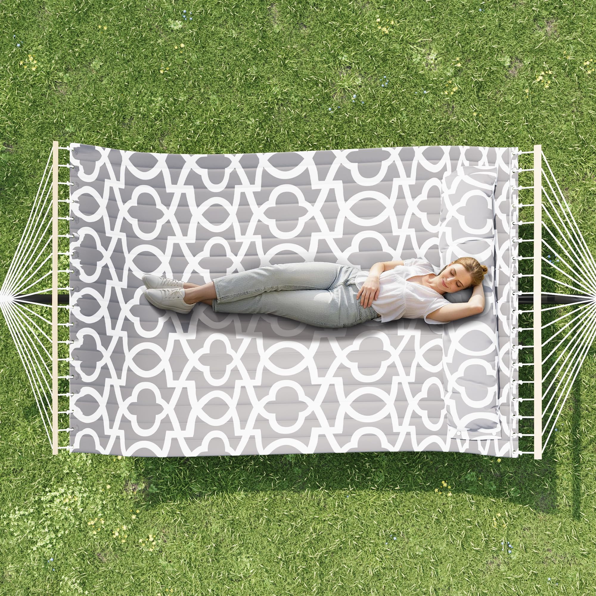 Accreate Double Hammock with Stand for 2 Person, Heavy Duty 475lb Capacity Outdoor Freestanding Hammock Bed with Steel Frame, Quilted Pillow & Carry Bag - Easy Assembly