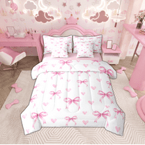 Manfei Lovely Girls Bowknot 7-Piece Twin Bedding Sets,Cartoon Heart Pattern Bedding Comforter Set,Pink White Sheet Sets For Kids,Luxury Bedroom Decor Reversible