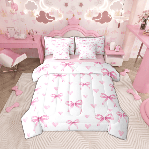 Manfei Lovely Girls Bowknot 7-Piece Twin Bedding Sets,Cartoon Heart Pattern Bedding Comforter Set,Pink White Sheet Sets For Kids,Luxury Bedroom Decor Reversible