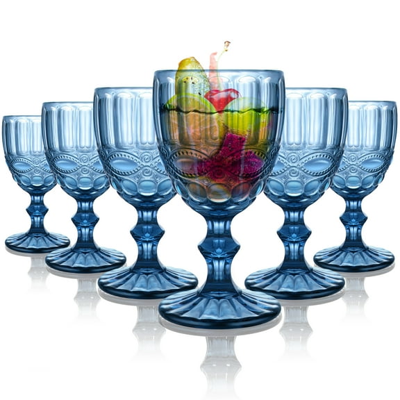 6pcs Glass Goblet Vintage Stemware Wine Cup Retro Embossed Footed Glassware Wine Goblet for Iced Beverage Wine Cocktail (Blue)