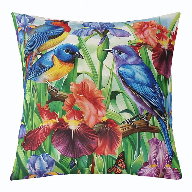 YST Floral Hummingbird Pillow Cover 22x22 Inch,Rustic Farmhouse Flowers Decorative Pillow Cover Retro Watercolor Colorful Irises Throw Pillow Cover,Country Garden Cushion Cover