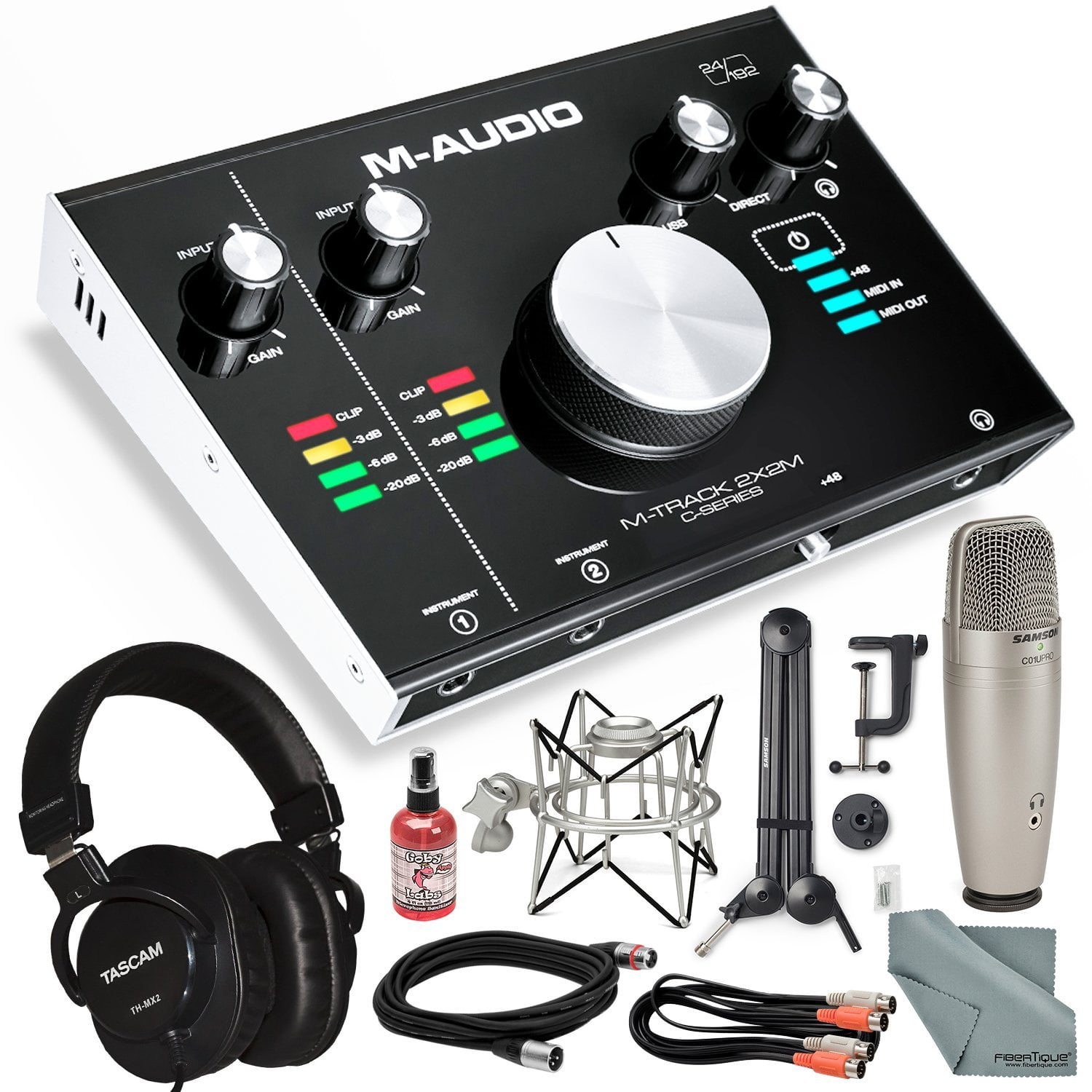 M Audio M Track 2x2m Usb Audio Interface With Midi I O And Platinum Studio Bundle W Studio Condenser Mic Mixing Headphones 28 Mic Boom Arm Shock Mount More Walmart Com