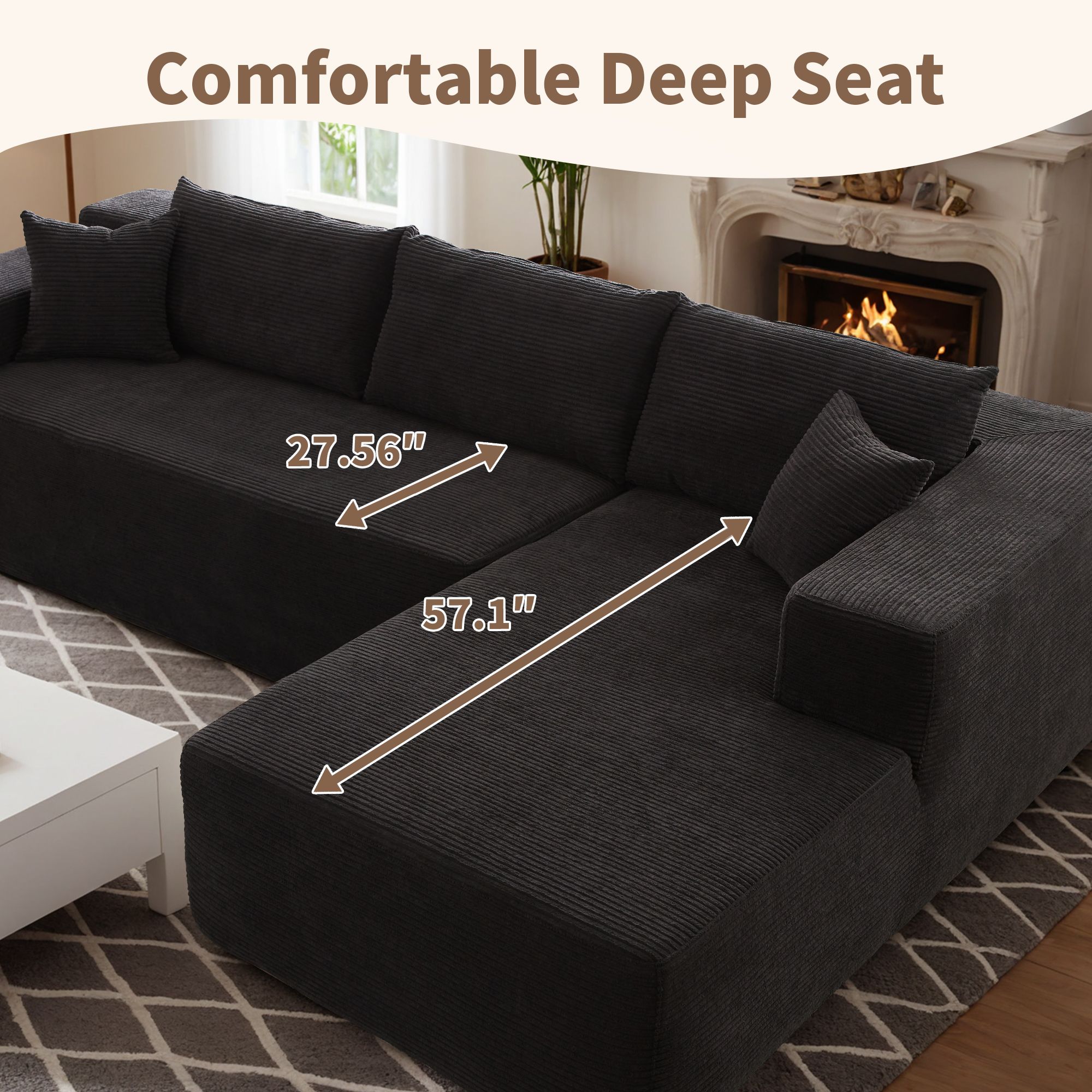 Ovios 106" Cloud Sofa Couch No Assembly Boneless Deep Seat Sofa for Living Room, Black (Corduroy)
