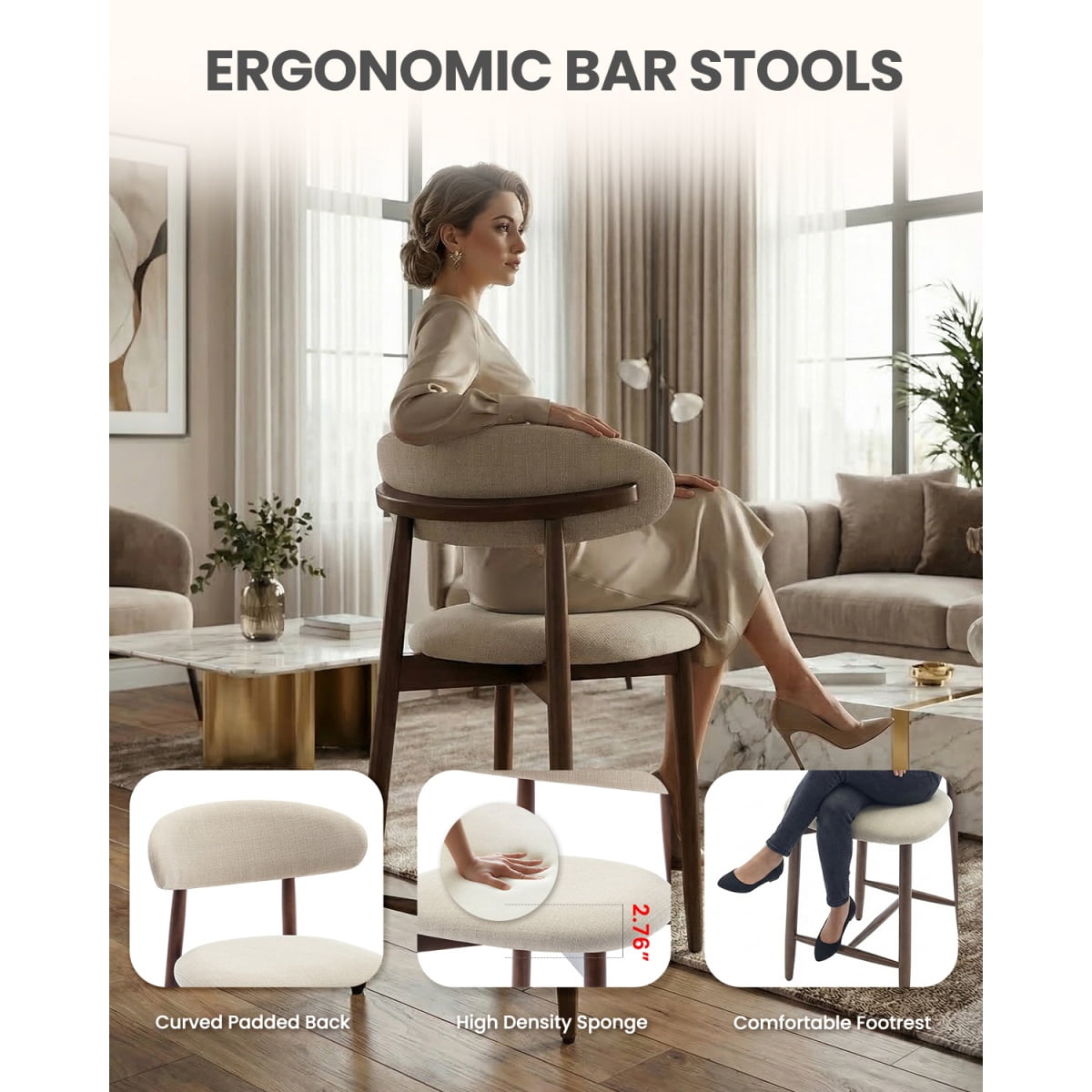 EOP Upholstered Counter Height Bar Stool with Back, Modern Kitchen Island Stool, Wood Leg Bar Chair for Kitchen Island Dining Room Bar Counter, Beige