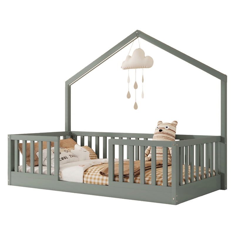 Twin Floor Bed with High Rails, Wooden Montessori Bed Frame with Single Color Light and House Shape Design, Low Profile Beds for Kids, twin bed frames Gray