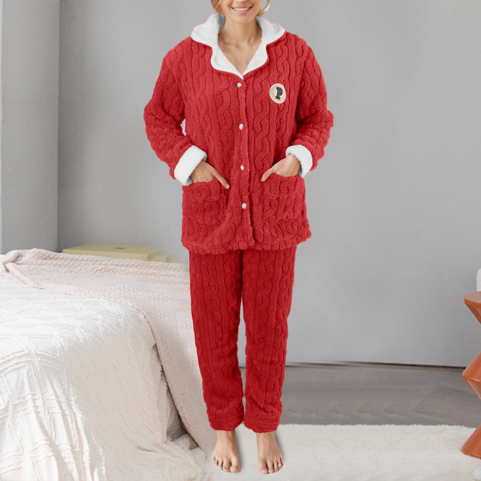 Fvwitlyh Ladies Pajamas Set Women Fuzzy Pajama Set Warm Fluffy Long Sleeve Sleepwear Plush Loungewear Thermal Nightwear With Pockets Red XL