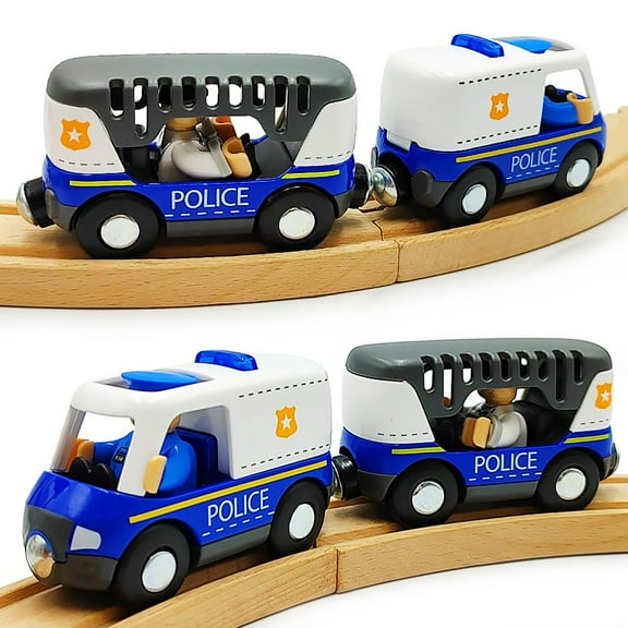 HYPERLIVING Magnetic Trains Cars Playset Wooden Train Track Accessories Station Wagon Train Set for Toddlers 3-5 (Police Car (with Light and Sound))