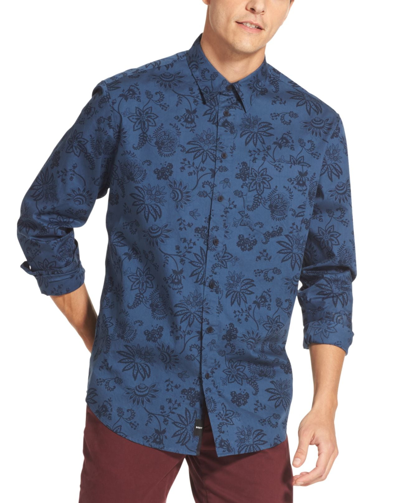 Men Classic Fit Floral Print Cotton Long Sleeve Button Down Shirt 