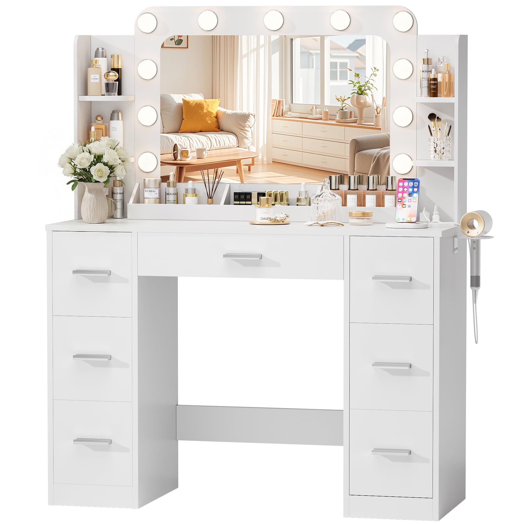 Homall Vanity Desk with Lights & Mirror, Makeup Vanity Set with Power Outlet & Storage Drawers Shelves for Bedroom, White