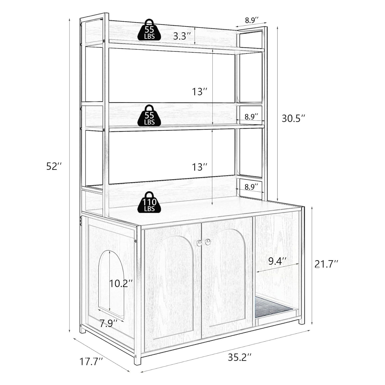 Litter Box Enclosure with Shelves, Wooden Hidden Cat Litter Box Enclosure Furniture with 2 Door, Indoor Cat House with Scratch Pad, Storage Cabinet Display Rack