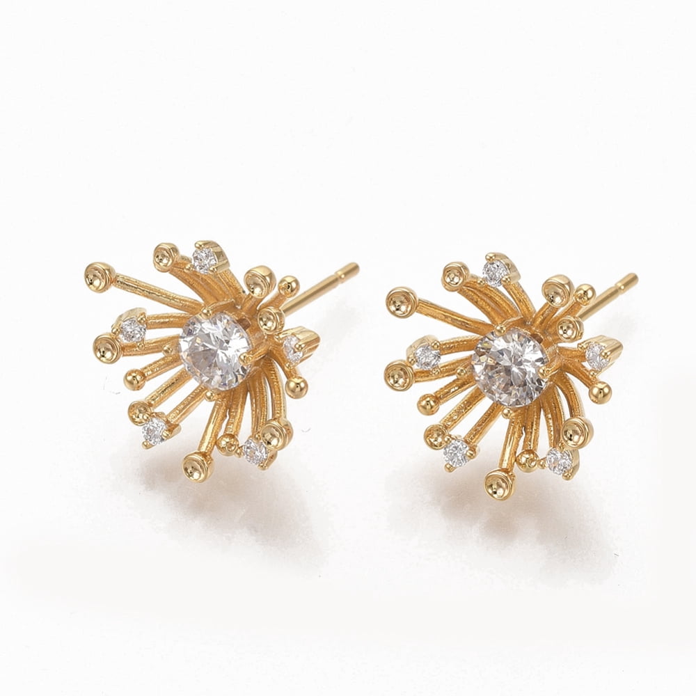 30pcs Brass Clear Cubic Zirconia Stud Earrings Nickel Free Flower golden 18x13.5mm Pin: 0.8mm