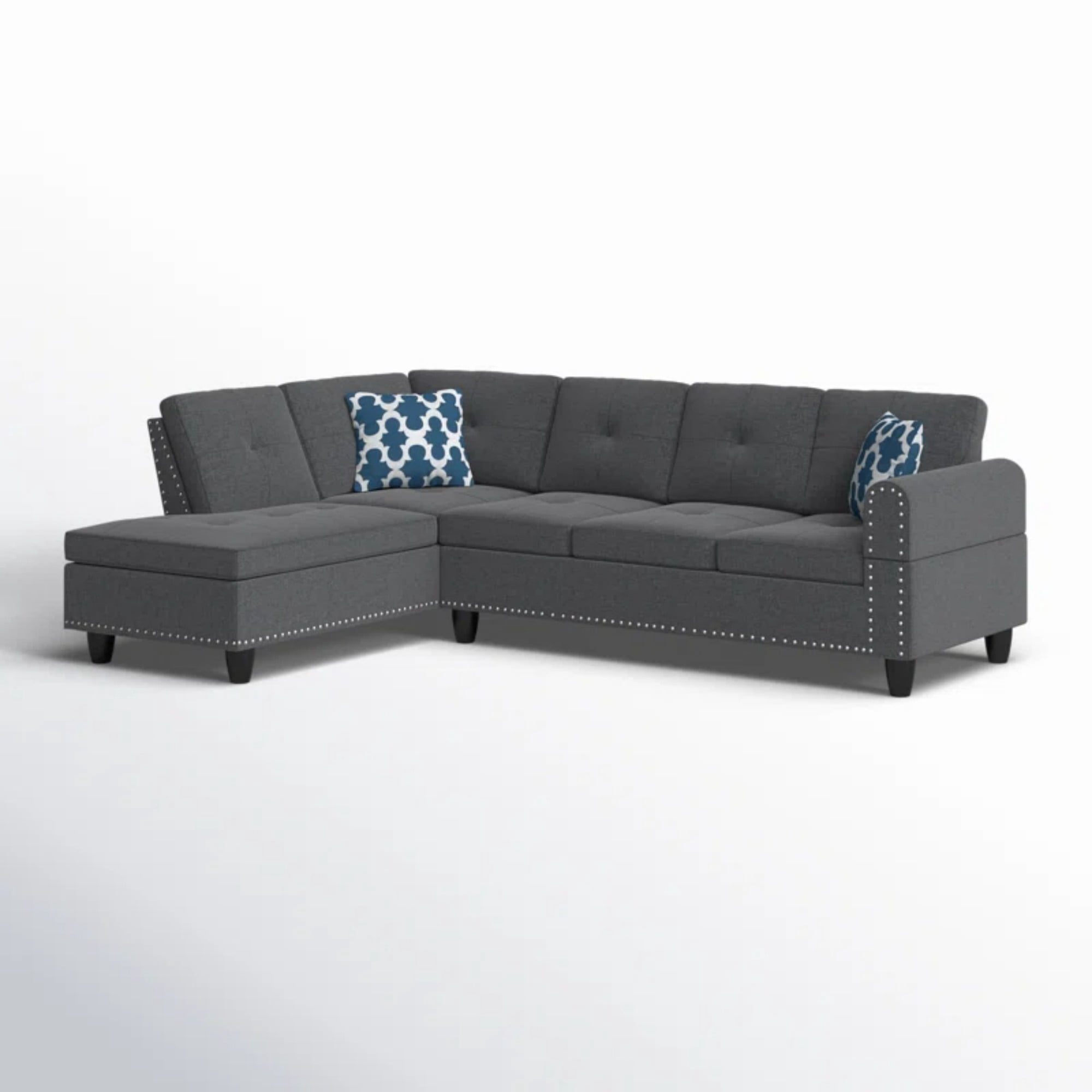 BSHTI 3-Seat Contemporary Linen L-Shaped Sectional Sofa with Chaise, Pull-Down Cup Holders, Toss Pillows for Living Room（Dark Gray）
