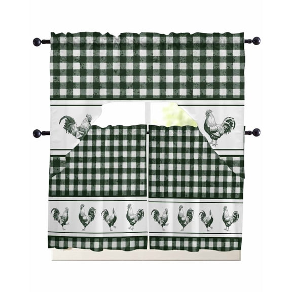 Farmhouse Green Plaid Swag Kitchen Curtains Sets for Windows 24 Inch Length, Vintage Country Cock Checkered Short Window Curtain Panels Swags Valances and Tiers 3 Piece Set for Cafe/Dining Room