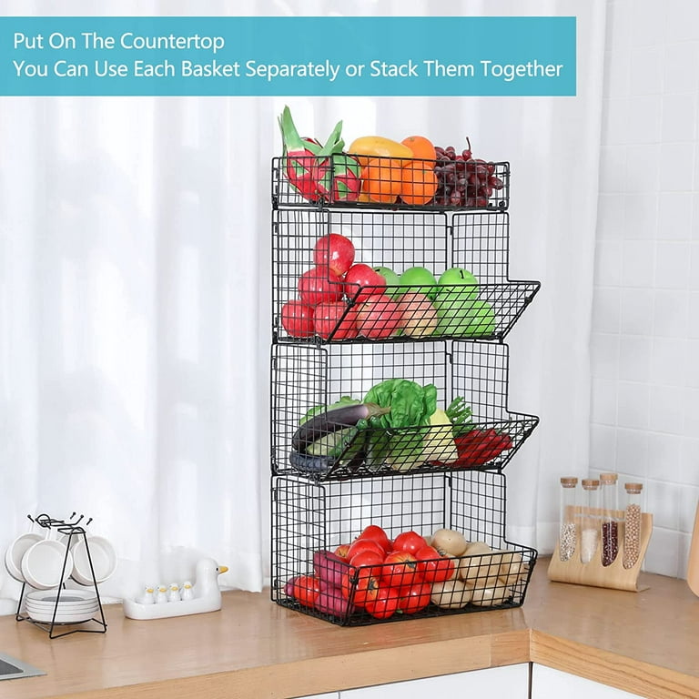 Vegetable Rack Baskets for Kitchen, 4 Tier Stackable Fruit and Vegetable  Storage Basket Cart Organizer Bins with Rolling Wheels, Large Capacity