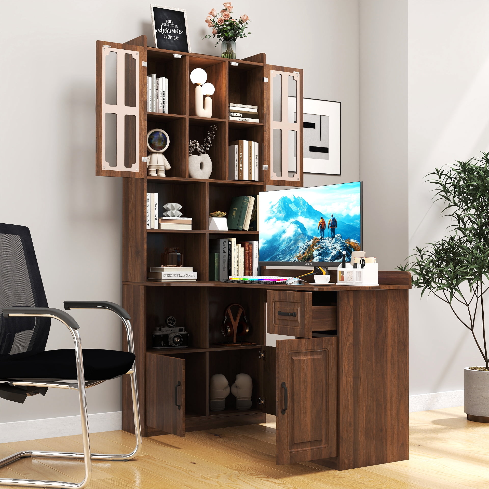 Euroco L-Shaped Corner Computer Desk for Home Office or Study desk, Study Modern Style Table with Drawers, Bookshelf & Hutch, 2-in-1 L-Shaped Design, Large Working Space