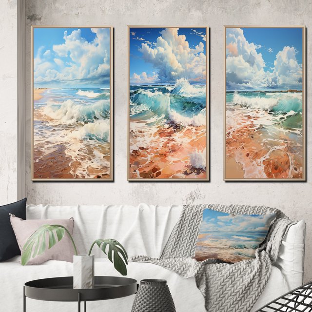 Designart "Simplicity Beach Landscape IV" Nautical & Beach Framed Wall Art Set Of 3 - White Beach Frame Gallery Wall Set For Home Decor
