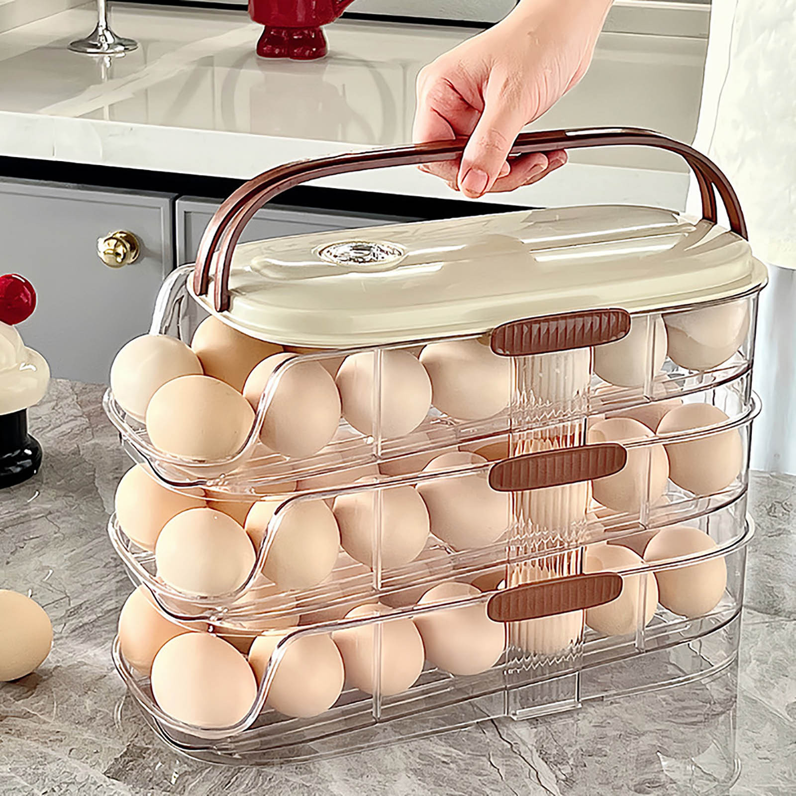 Portable Egg Holder for Fridge Organizer - Auto Rolling Egg Dispenser and Storage for Space-Saving Kitchen Solutions with Adjustable Lid and Efficient Egg Tray Design