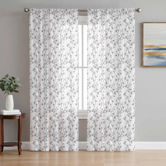 Grey Spring Floral Sheer Curtains 72 Inch Length 2 Panels Set, Elegant Watercolor Summer Botanical Voile Window Treatment Rod Pocket Curtains Sheers Drapes for Bedroom/Living Room/Kitchen 52"x72"x2