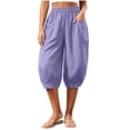thumbnail image 2 of Zulora Women's High Waisted Wide Leg Capri Pants Stretchy Elastic Waist Pleated Cropped Trousers Loose Casual Summer Pants, 2 of 8
