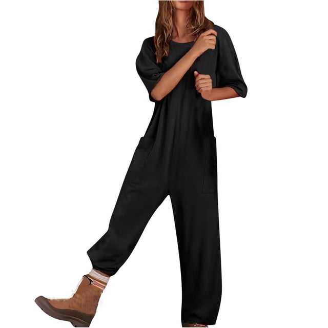 Penkiiy Combinaison Décontractée pour Femmes Été 2024 Pyjama Décontracté Col Rond Manches Courtes Confortable Longue Coupe Ample Pantalon L Noir