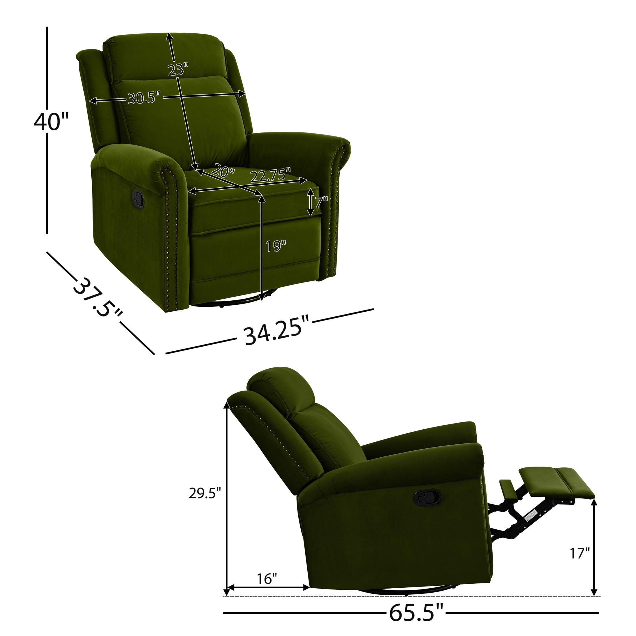 Christopher Knight Home Elegant Velvet 360° Swivel Recliner with Nailhead Accents and Adjustable Design, Green