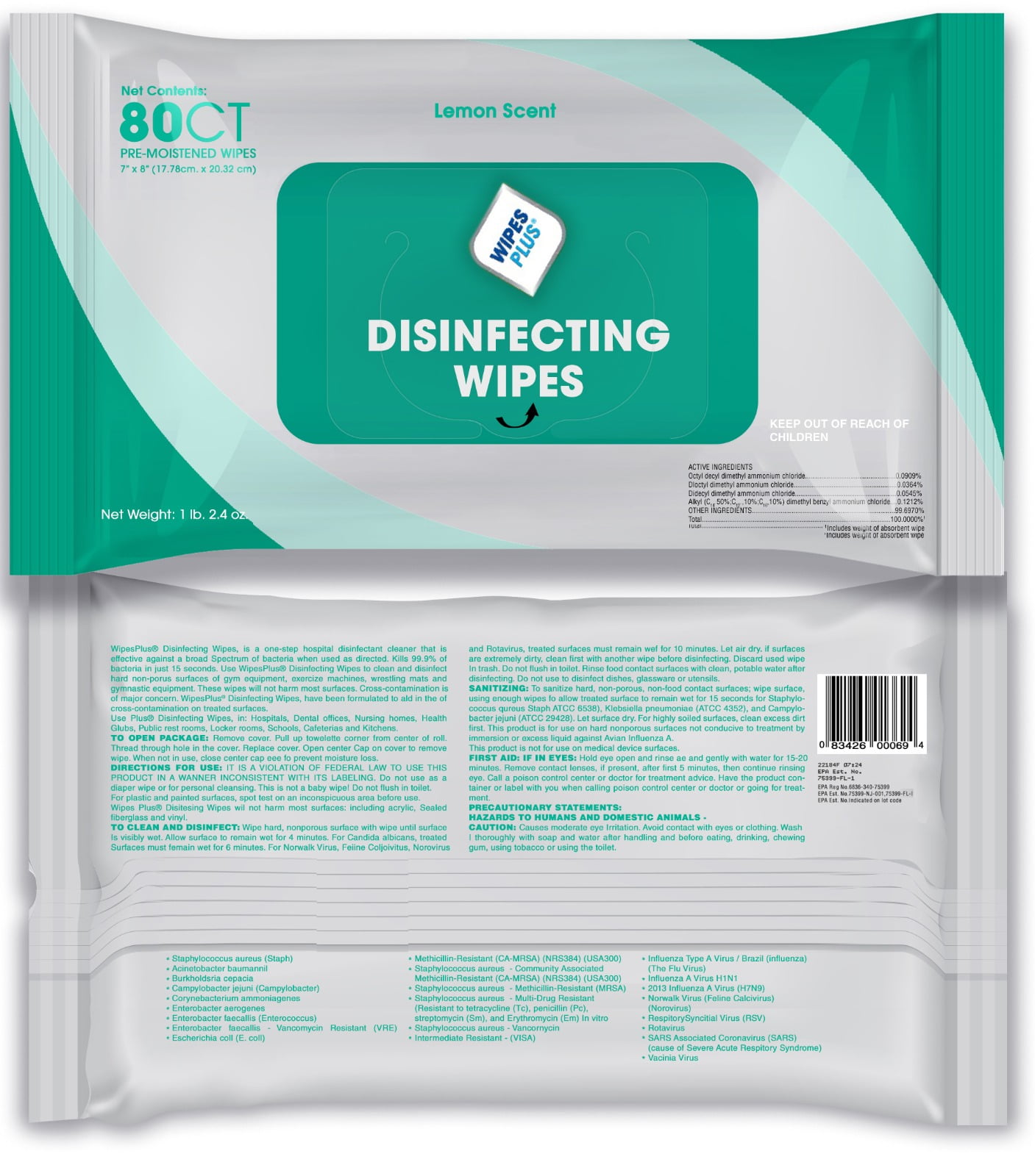 WipesPlus Disinfectant Wipes (Alcohol Free) - 80 Count