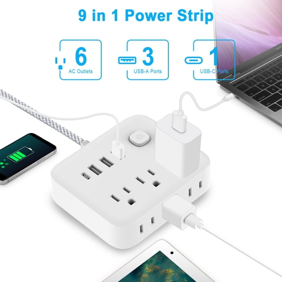 Mini Plug AC Outlet Multiprise Power Strip Braided Extension Cord Smart Home Electrical Socket Network Filter USB Type-C Charging