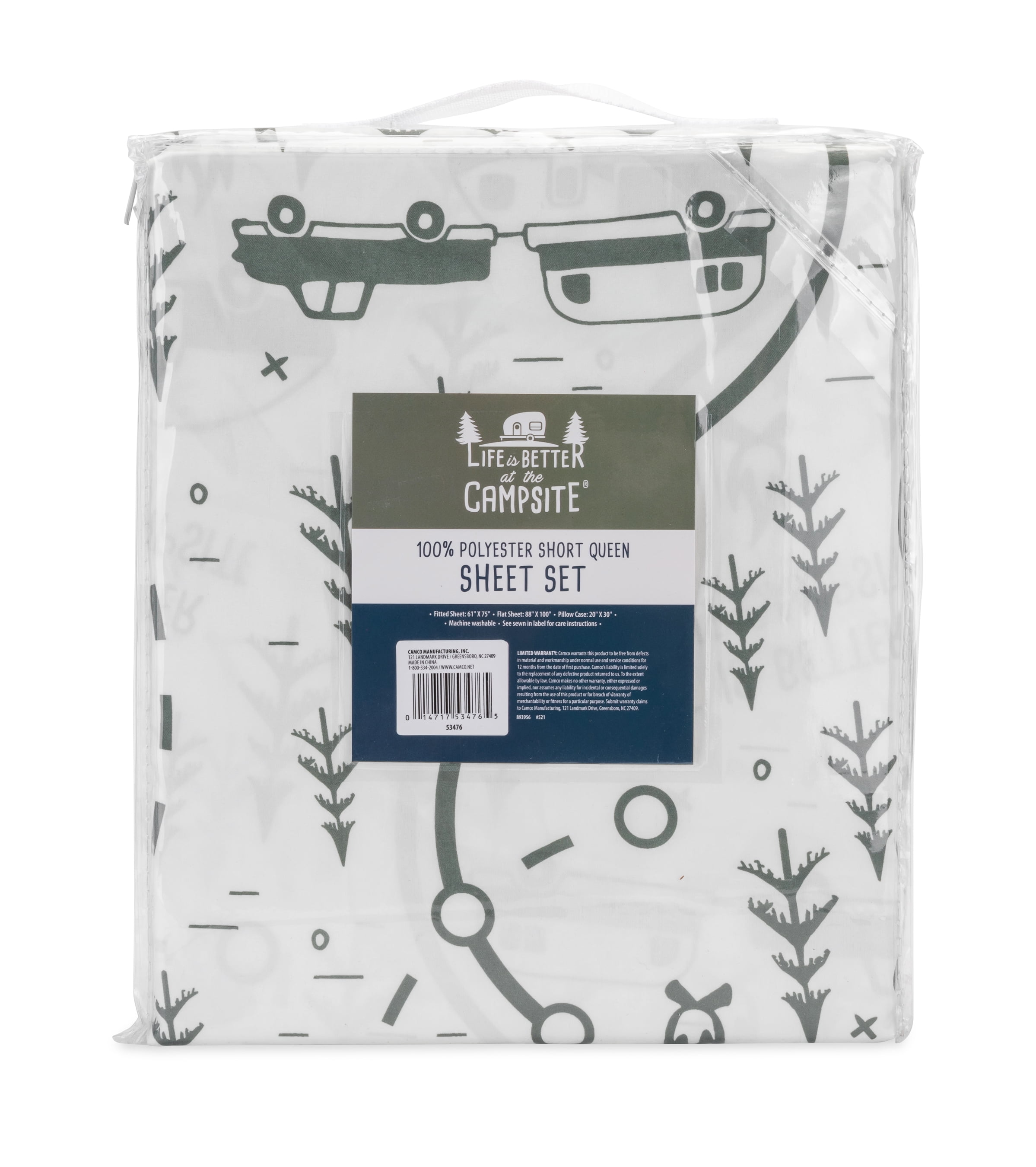 Life is Better at the Campsite RV Queen Bed Sheet Set, Green Map, Polyester (53476)