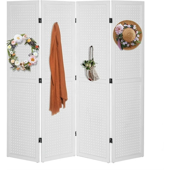 Bonnlo 4 Panel Pegboard Freestanding, 5 FT Portable Display Board Organizer for Craft Show Jewelry, Wooden Folding Privacy Screen Room Divider (White)