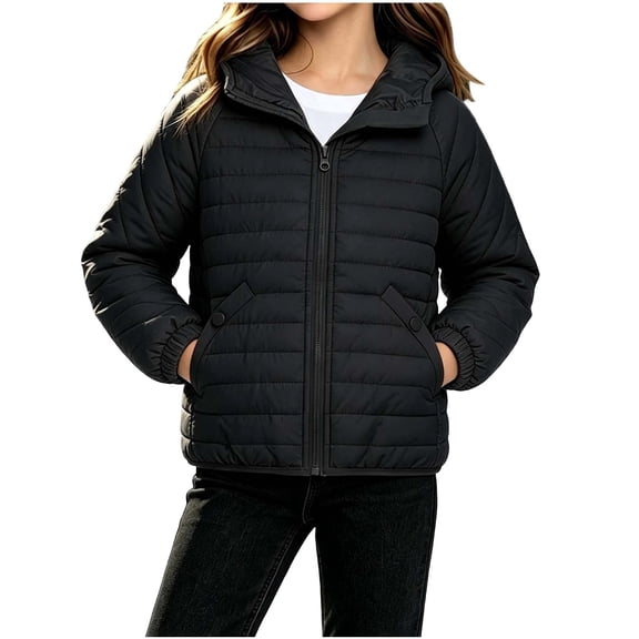 Hduncf Girls Packable Lightweight Puffer Jacket with Hood, Full Zip Quilted Winter Coat with Pockets, Warm Casual Outdoor Outerwear Black 3-4 Years