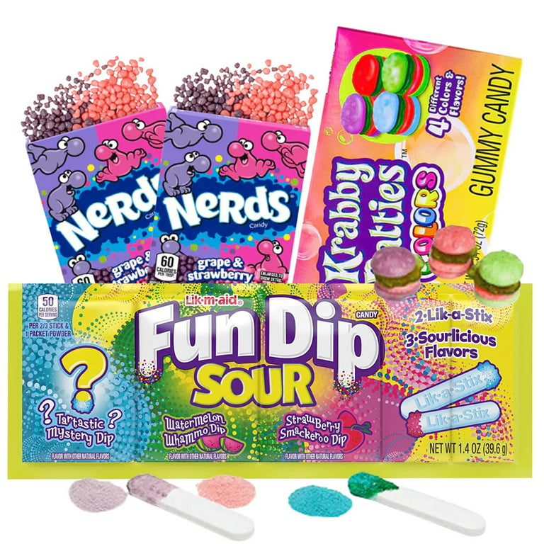 Nostalgic Candy Variety Pack, 2 Nerds Strawberry & Grape, Fun Dip Sour,  Krabby Patty Color Gummies, Gummy and Hard Candies, 4 Packs