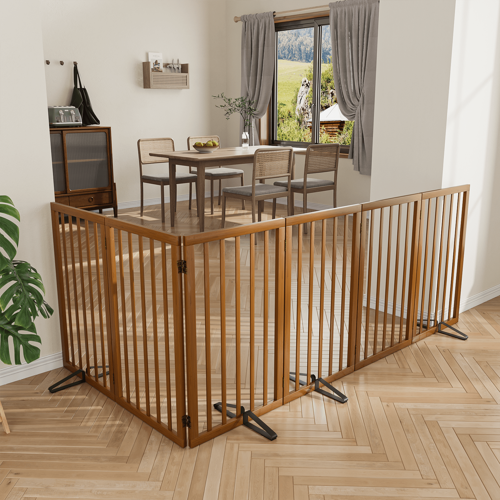 Smart FENDEE 6 Panel Foldable Bamboo Freestanding Pet Gate with Dog Gate and 4 Support Feet, Expands to 110 in Wide