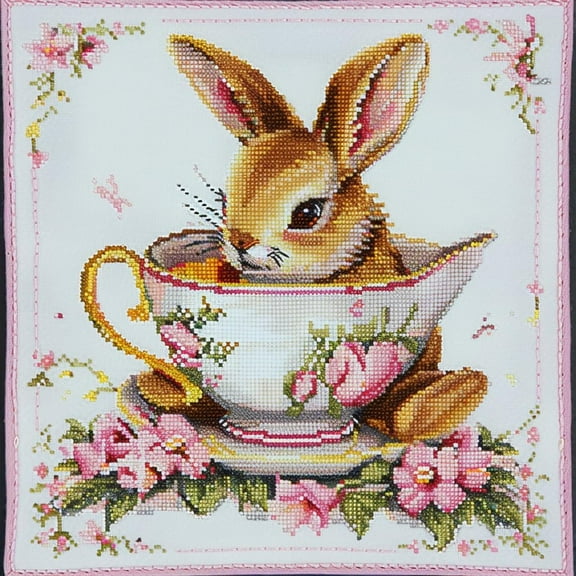 Cute Rabbit in A Teacup DIY 11CT Stamped Cross Stitch Kits for Beginners Easy Needlepoint Embroidery Counted Cross Stitch Art Craft for Wall Decoration 14x14inch(3)