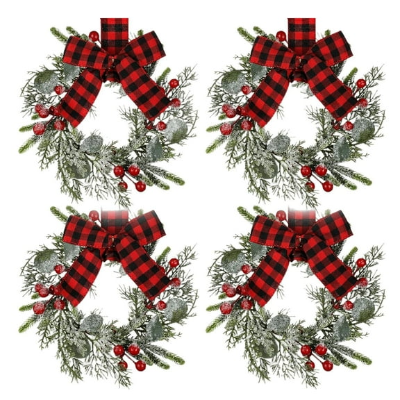 Dserfhy 9" Mini Christmas Wreath Artificial Frosted Pine Wreath with Red Berry Buffalo Plaid Bow for Farmhouse Indoor Outdoor Kitchen Cabinet Decor