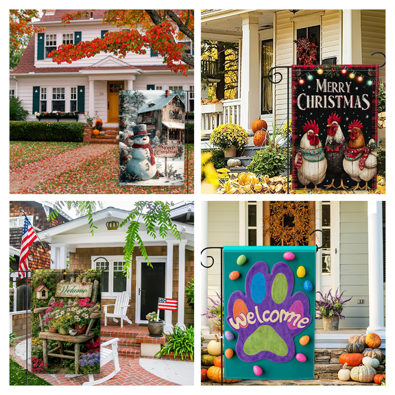 4 Pack Double Sided BURLAP Christmas Garden Flags 12x18 Inch - Welcoming Snowman with Holly Berries for Farmhouse Porch, Winter Holiday Outdoor Decor