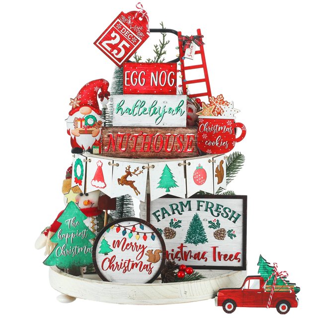 Juego de decoración navideña escalonado de madera de Tray FairySandy, 14 unidades