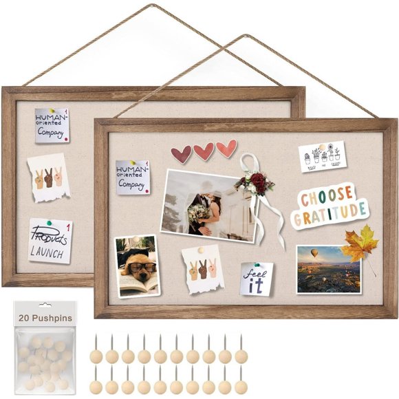 Sfugno Wood Bulletin Boards, 2-Pack Linen Wall Bulletin Board, Decorative Hanging Pin Board, 16"x11"Frame Cork Board Light Bulletin Boards for Home Kitchen Office,Brown