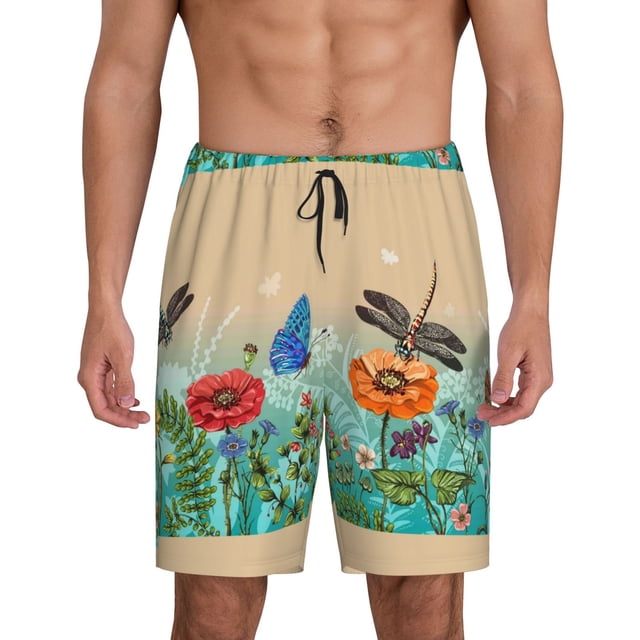 Balery Colorful Plants And Insects Pantalones cortos de pijama de punto de algodón para hombre con cinturilla y bolsillos-Medium