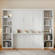 Euroco Wood Queen Size Murphy Bed with Desk and Shelves, Space-Saving Wall Bed for Bedroom