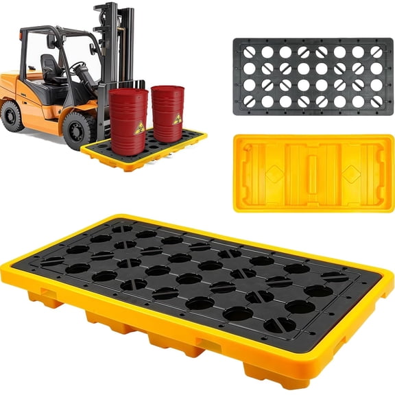2 Pack Yellow Drum Spill Containment Pallet, 51.2" x 26.8" x6", with grated Drain outlets and Forklift Pockets, Stackable Modular Platform, Spill Platform for Indoor and Outdoor Storage of Goods