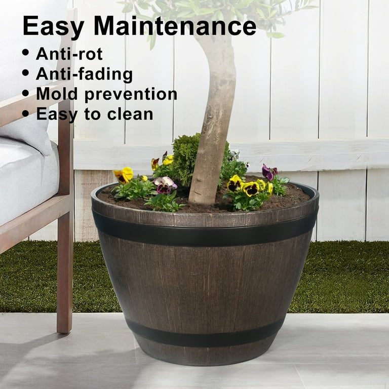 Gamexcel Whiskey Barrel Planter Pot Large - 20.5 x 14.5'' Weathered Oak  Barrel Plastic Resin - Outdoor/Indoor Flower Pot