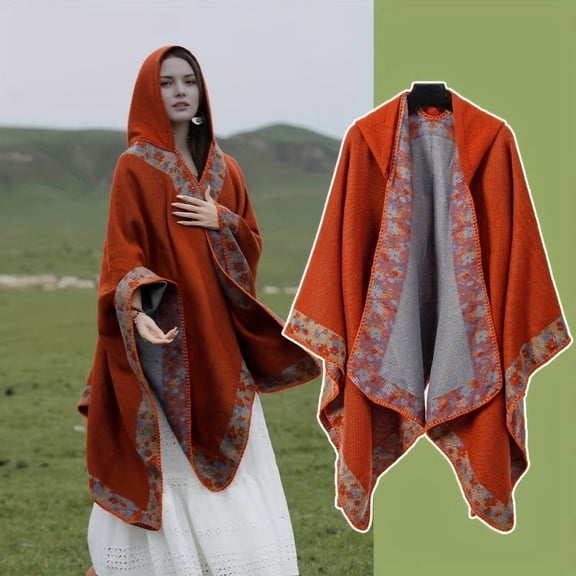 Boho Chic Hooded Cape Shawl, Warm Faux Sheepskin with Intricate Floral Patterns in Orange & Black, Perfect for Outdoor Travel Photography Cozy Warmth