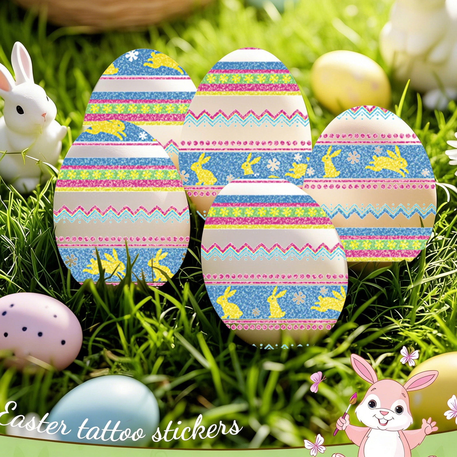 DAMAI Easter Eggs Tattoo Stickers Easter Art Decals Funny Colorful Stickers Cute Rabbit Chick Flower Stars Eggs Tattoo Art Design Decals DIY Party Decoration Supplies for Eggs