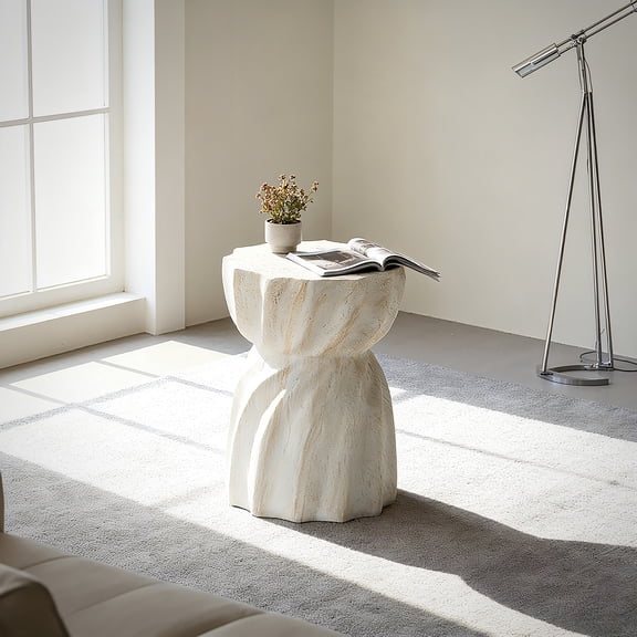 mdj pottery White MgO Faux Travertine Side Table, Modern Sculptural Accent Table for Patio & Living Room Outdoor Use