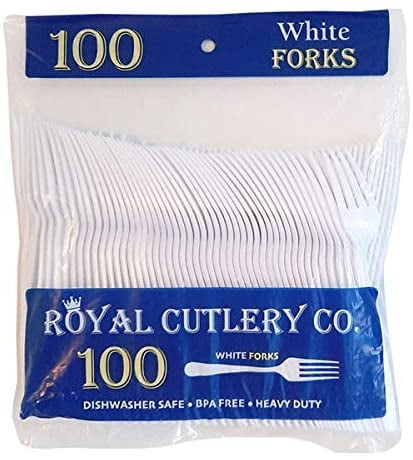 Heavy Duty Plastic Utensil Set Disposable Cutlery Forks ROYAL CUTLERY CO 100 Forks. Color: White Bag 100 Count 