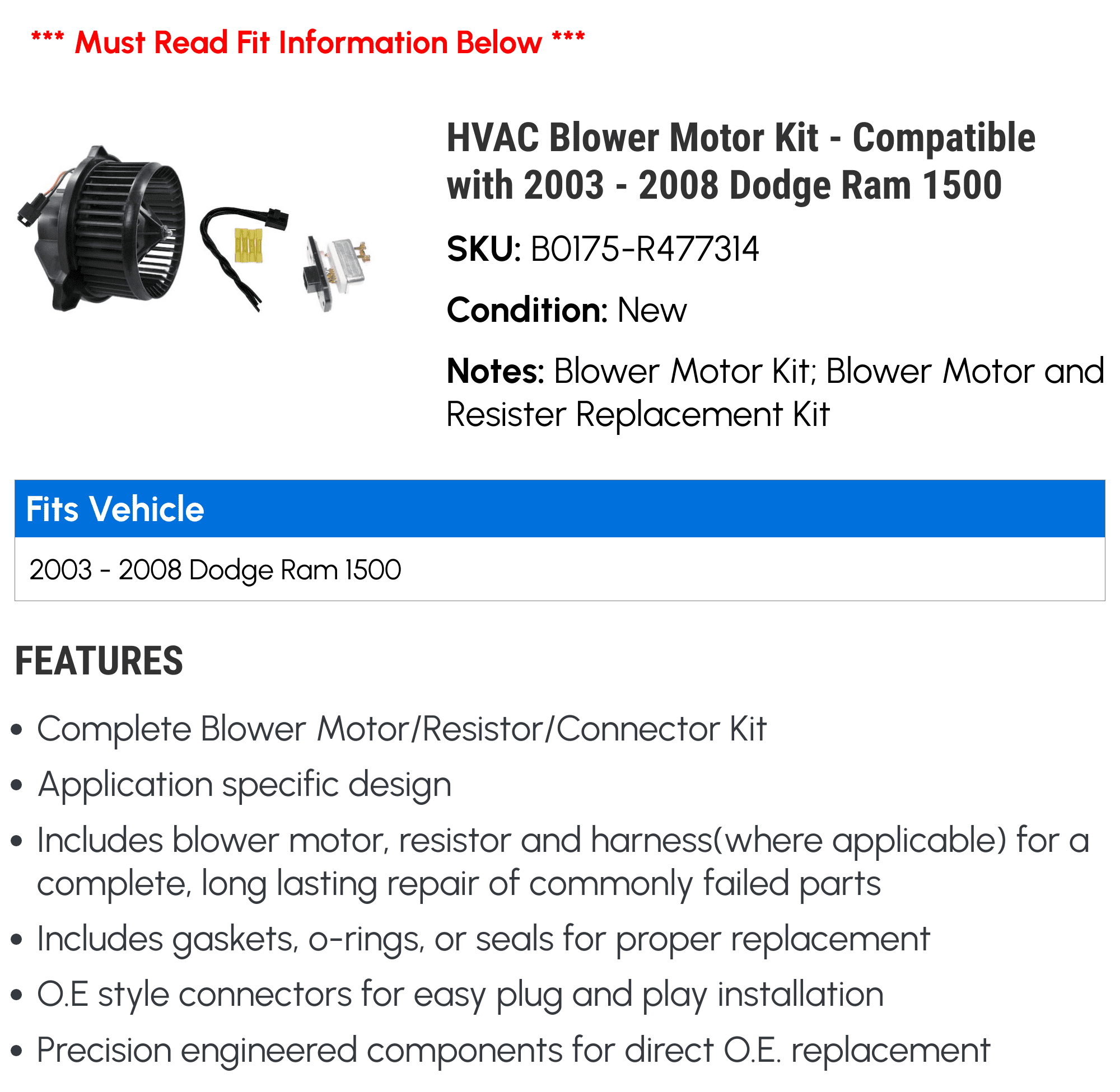 HVAC Blower Motor Kit - Compatible with 2003 - 2008 Dodge Ram 1500 2004 2005 2006 2007